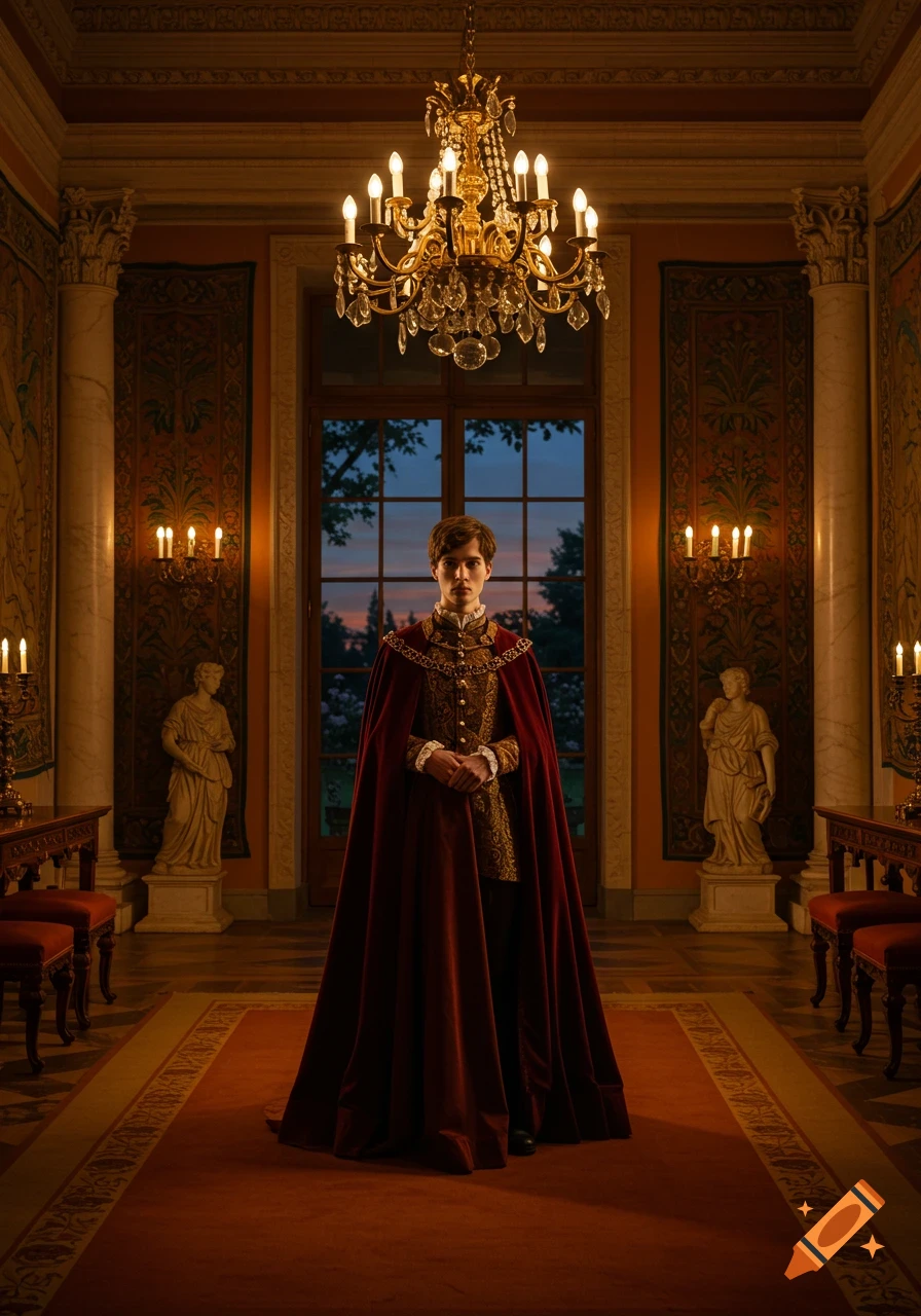 A young man in a red velvet cape and ornate gold doublet stands in a grand, dimly lit Renaissance-style hall with a chandelier and large window at dusk.