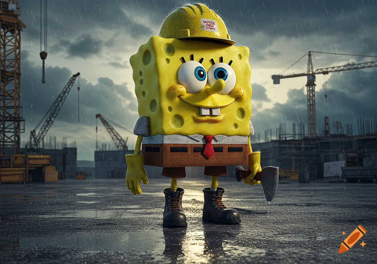 Photorealistic Spongebob Squarepants wearing a hard hat, standing in a rainy construction site, holding an axe.
