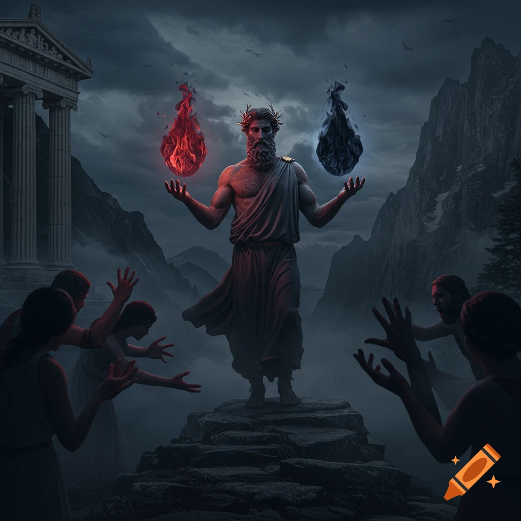 A god-like figure with a beard and robes stands on a mountain peak, holding red and black mystical flames. People reach out to him in a dramatic, misty landscape with an ancient Greek temple. Photorealistic.
