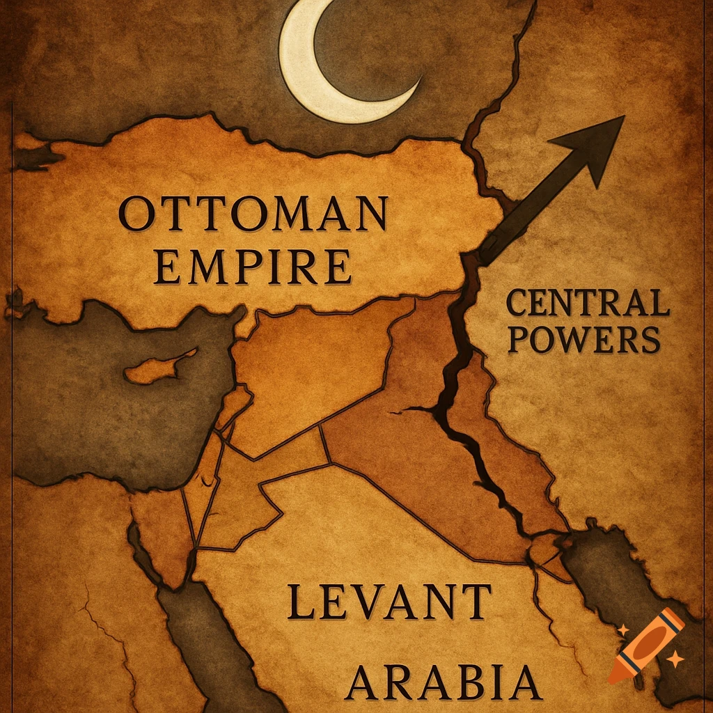 Vintage map of the Ottoman Empire, divided into Turkey, Levant, Arabia, with a crack, an arrow labeled 'Central Powers', and a crescent moon.