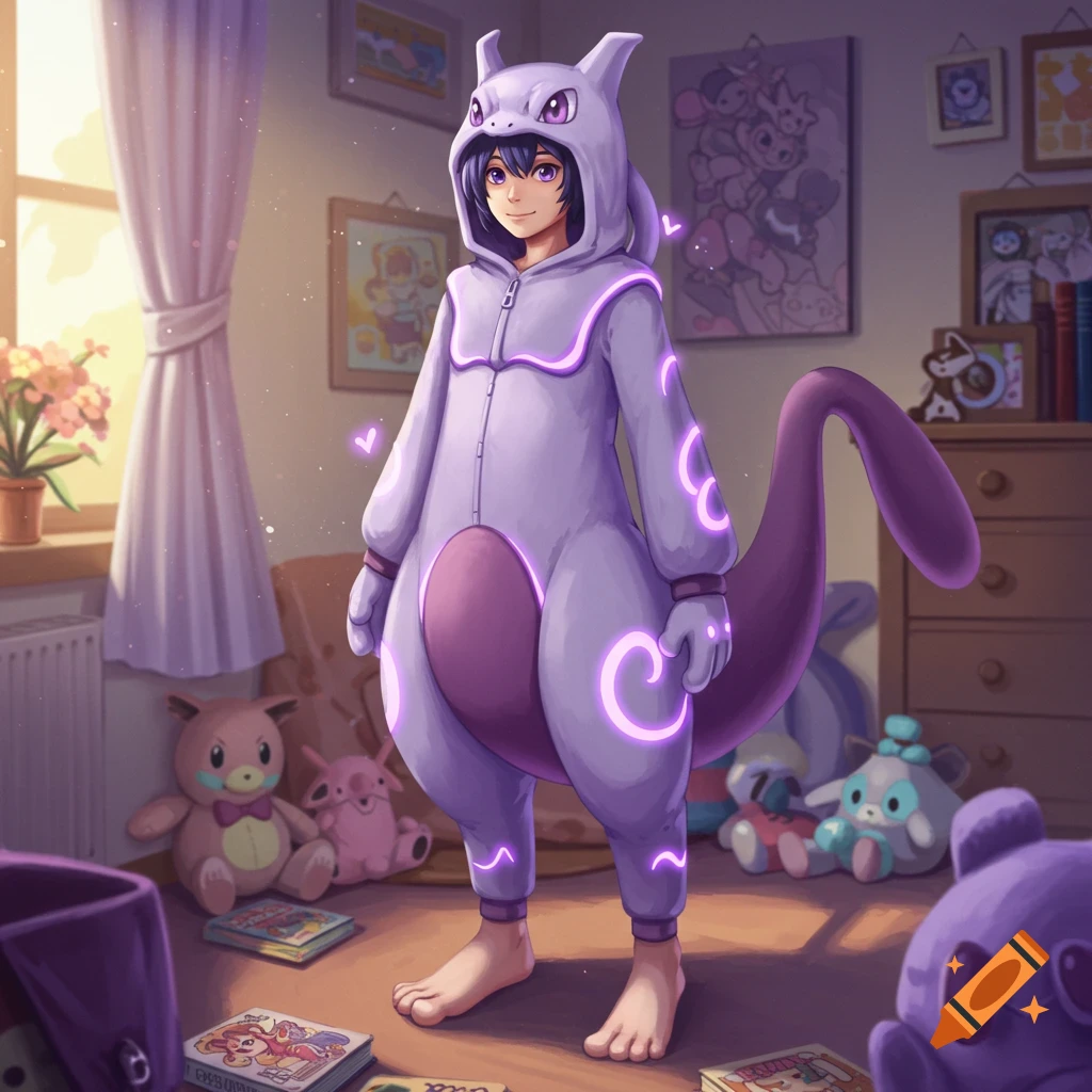 Anime child in a purple Mewtwo kigurumi stands barefoot in a sunlit room with toys and books scattered on the floor.