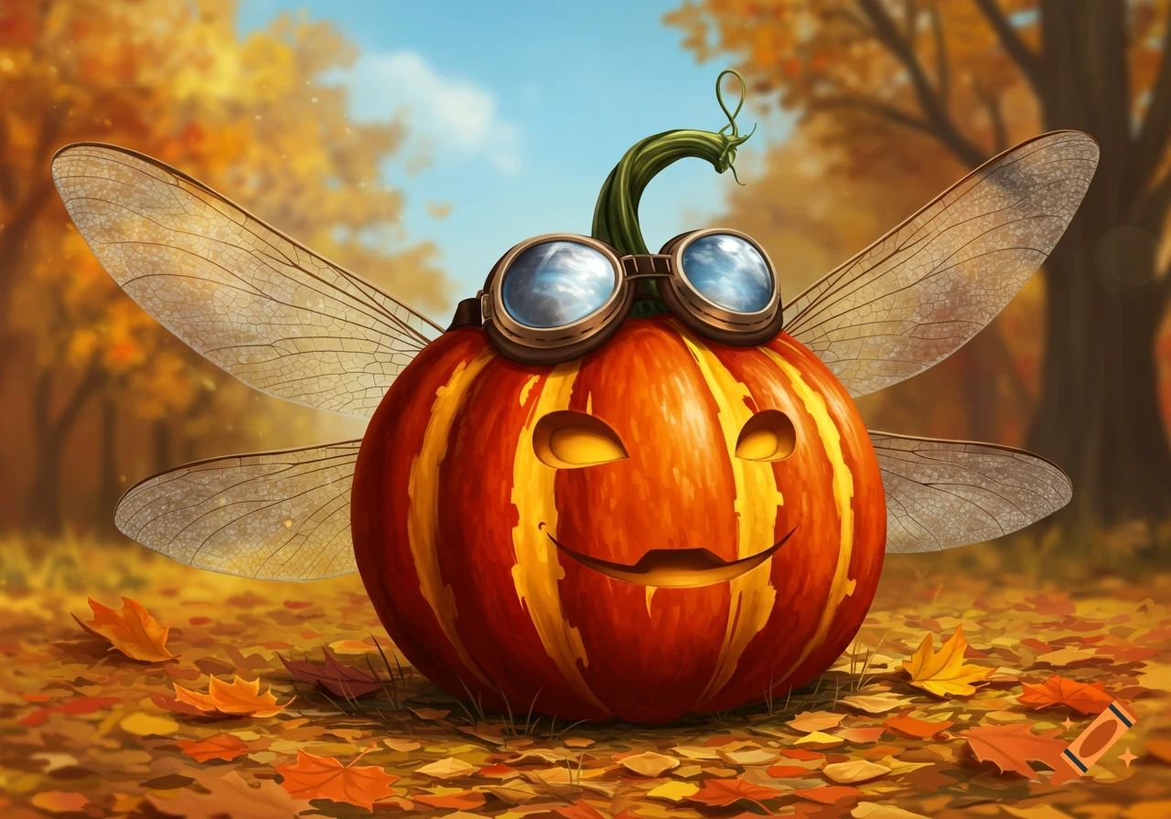 A whimsical, smiling orange and yellow striped pumpkin wearing aviator goggles and insect-like wings sits among fallen autumn leaves.