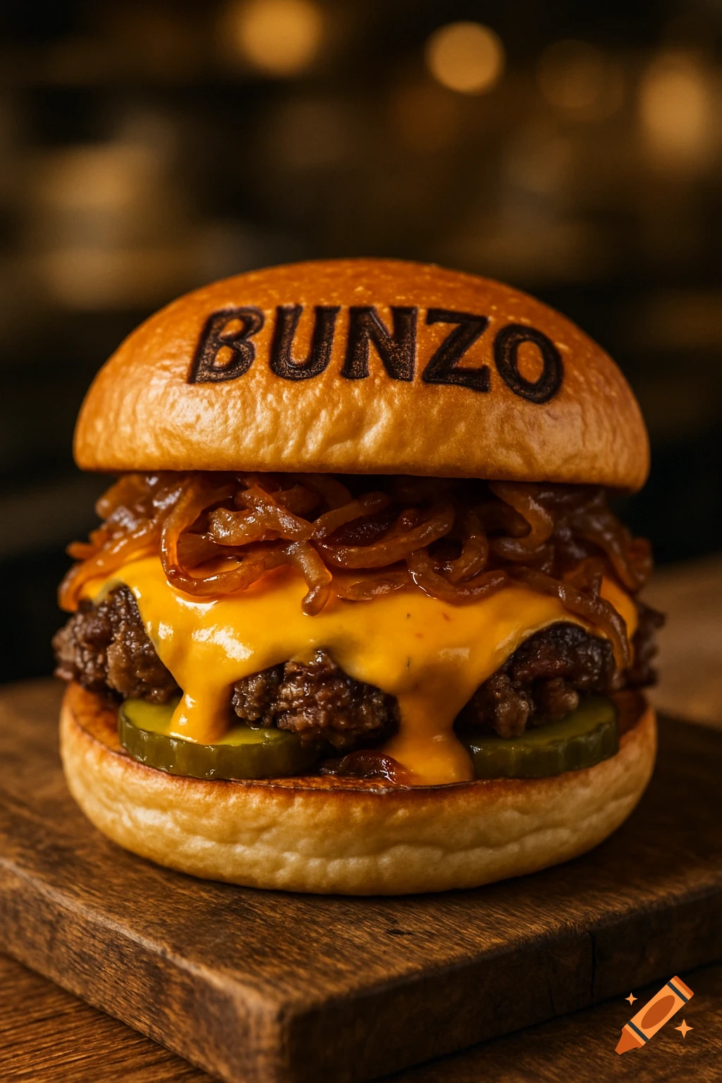 Photorealistic smash burger with 'BUNZO' on the bun, melted cheese, caramelized onions, and pickles on a wooden board.