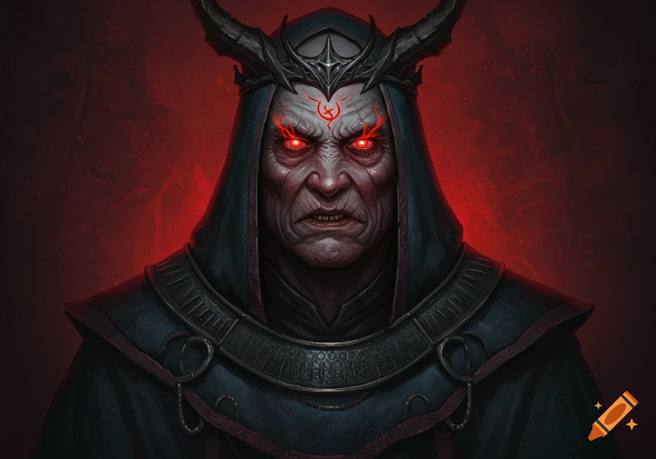 Close-up portrait of an old dark magician with glowing red eyes, a symbol on his forehead, and a horned crown, against a red background.