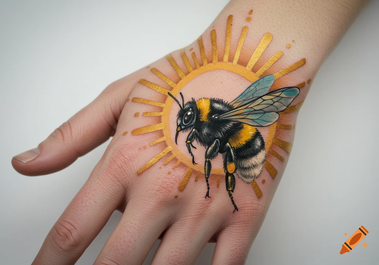 A vibrant tattoo of a fluffy bumblebee with blue wings and a golden sunrise behind it on a person's hand.