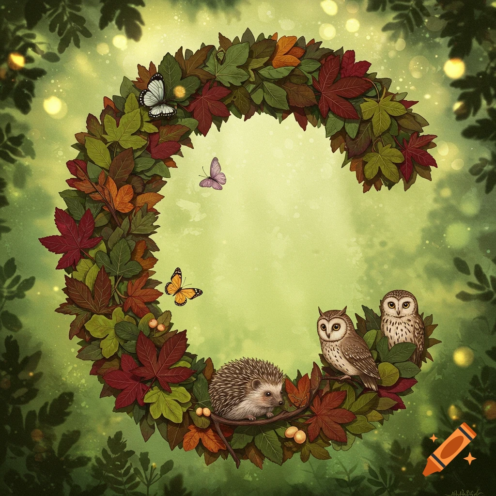 Whimsical illustration of the letter C formed by colorful autumn leaves, featuring a hedgehog, two owls, and butterflies against a glowing green forest background.