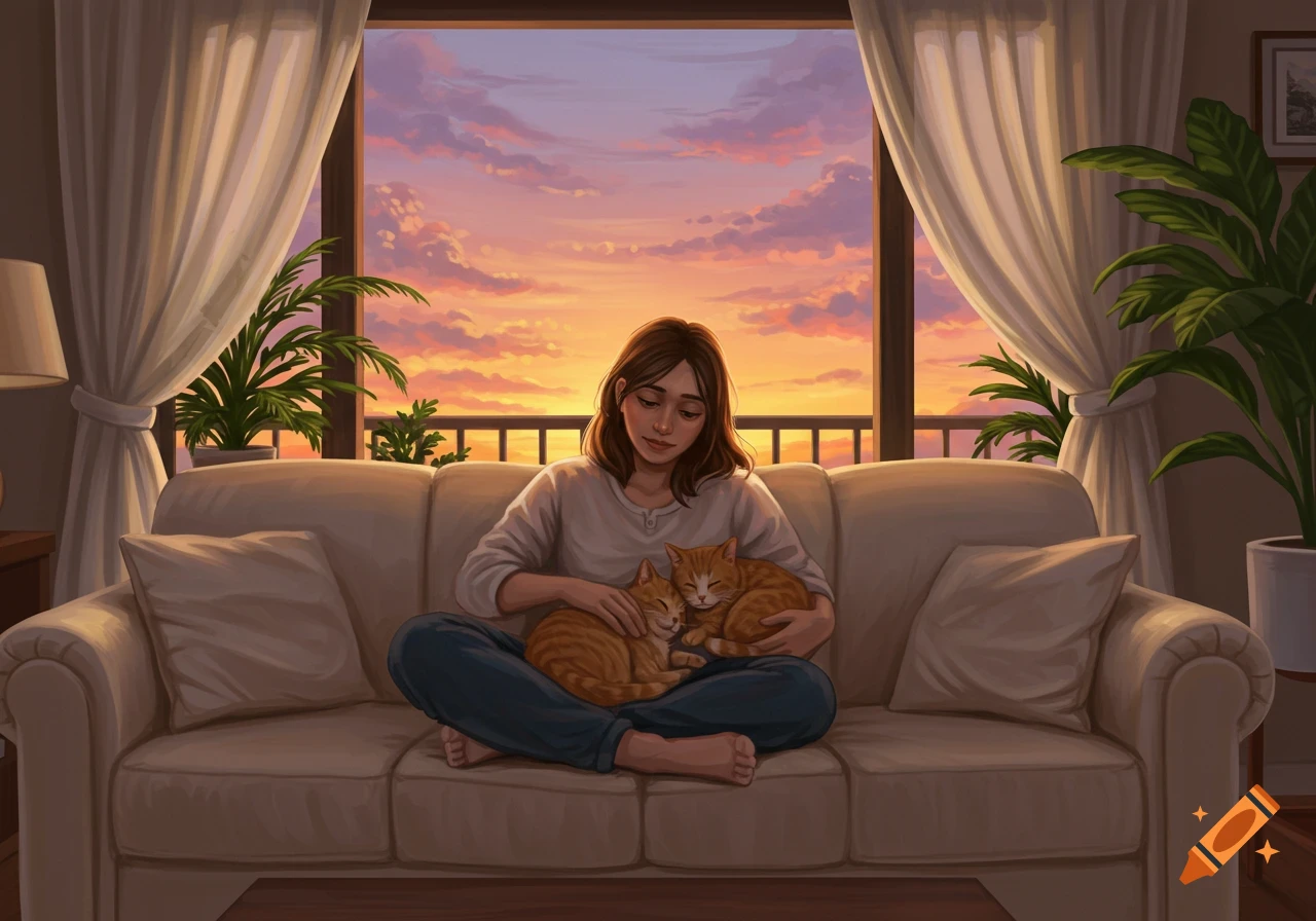 An illustration of a woman sitting on a couch, embracing two orange tabby cats, as she looks out at a vibrant sunset over a balcony.