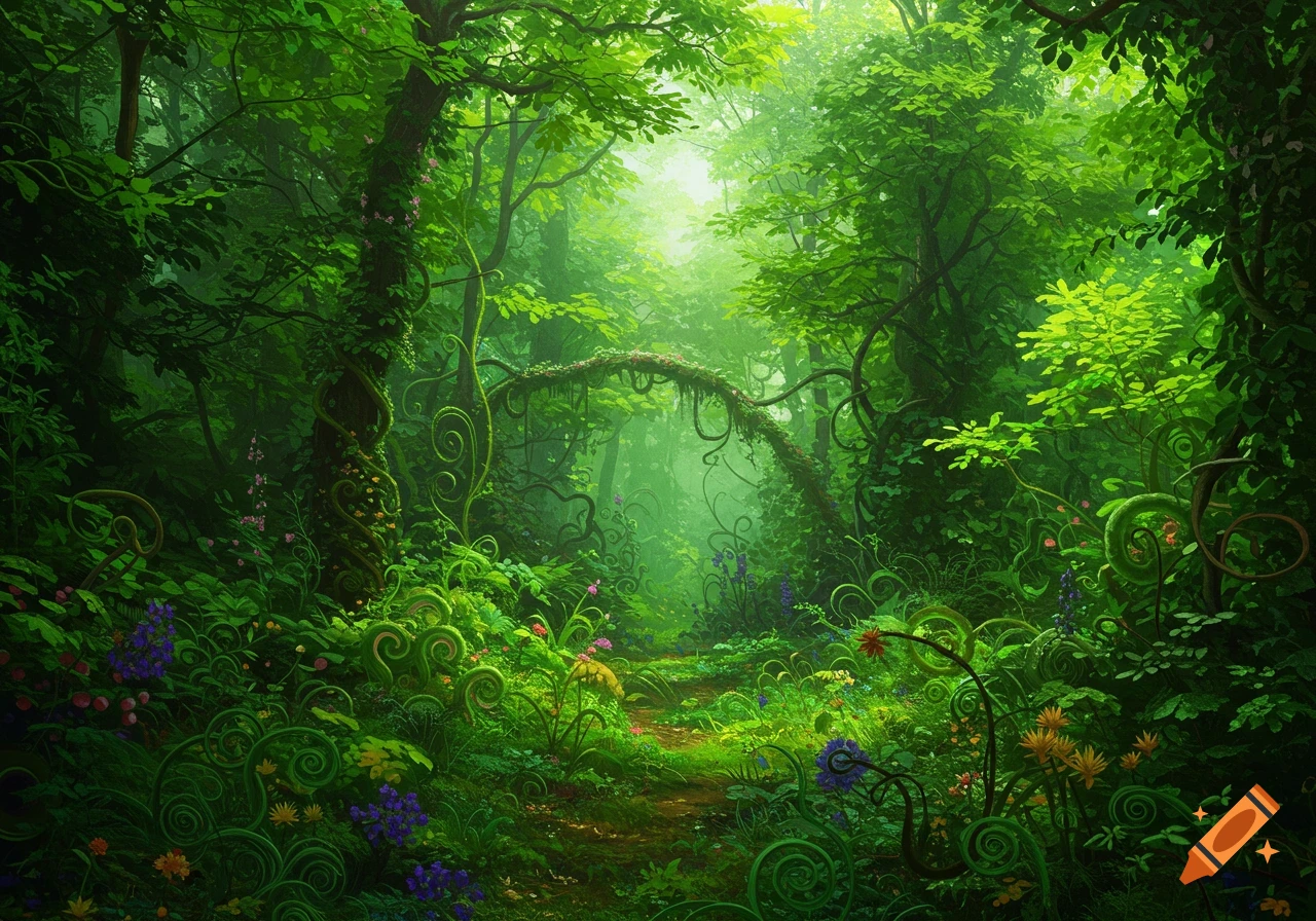 A lush, vibrant green fantasy forest with a dirt path winding through dense, fantastical plants and glowing light in the distance.