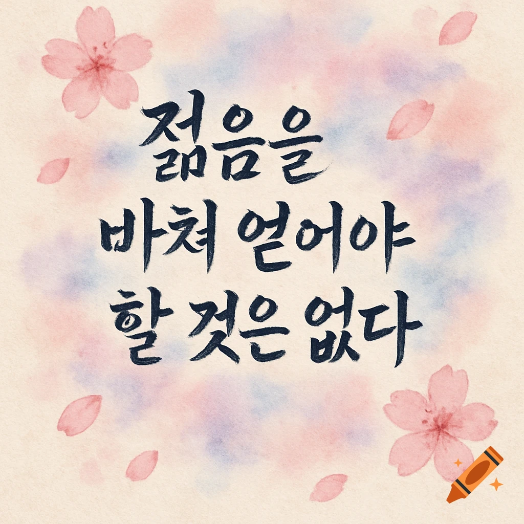Korean calligraphy quote in black on a light watercolor background with pink cherry blossoms and petals.