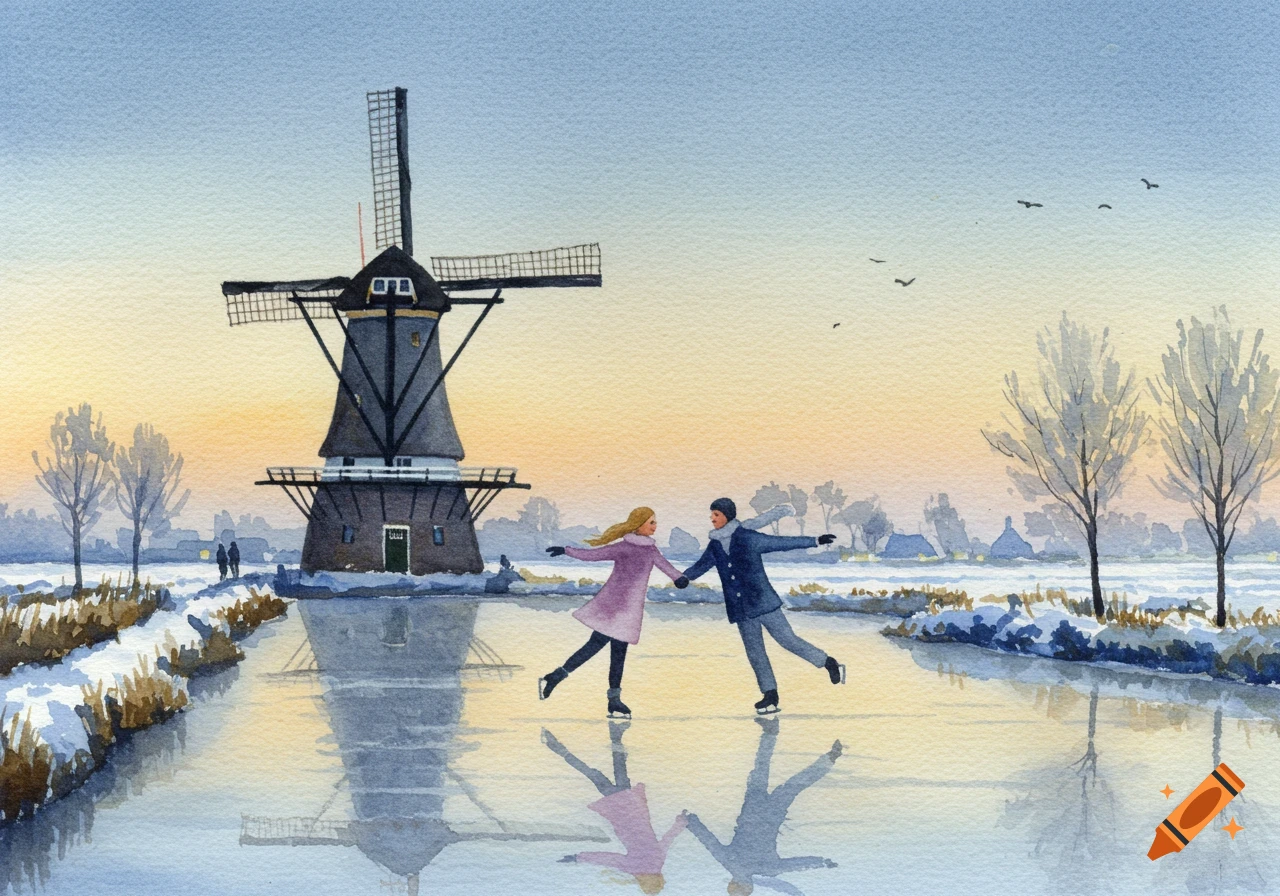 Watercolor painting: a couple ice skating on a frozen canal in a snowy landscape with a windmill and bare trees.