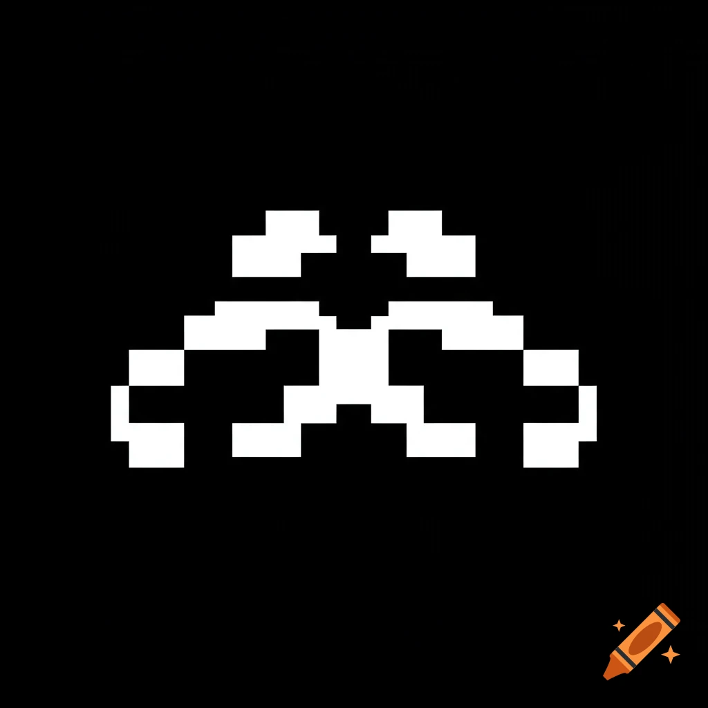 Abstract white pixel art shapes forming a symmetrical design on a pure black background.