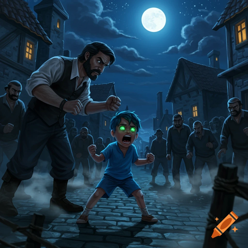 A child with glowing green eyes yells, a bearded man stands protectively, and a menacing crowd approaches in a dark, moonlit village street.