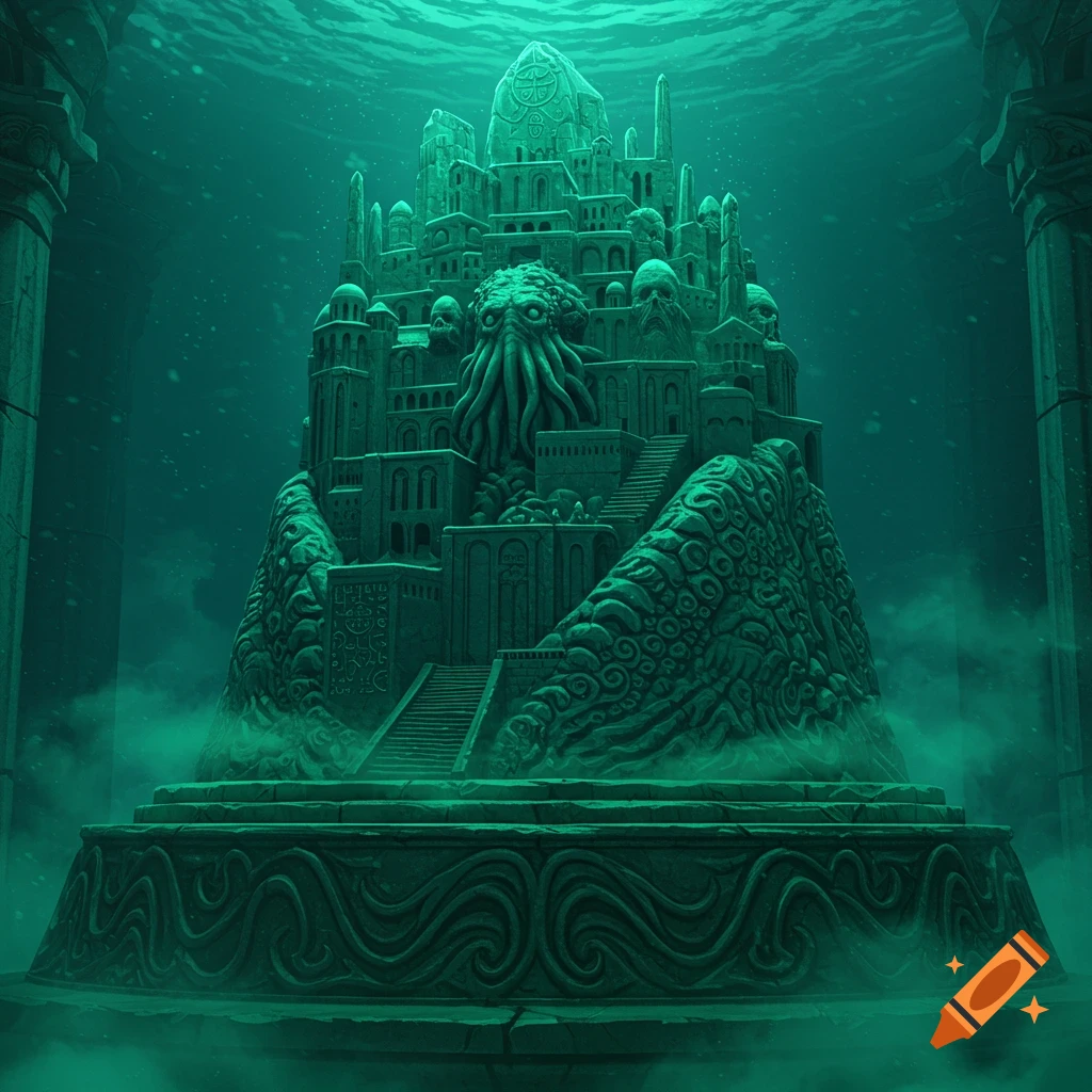 A colossal green-hued ancient city sculpture with Cthulhu-like features and skulls, resting on a pedestal deep underwater.