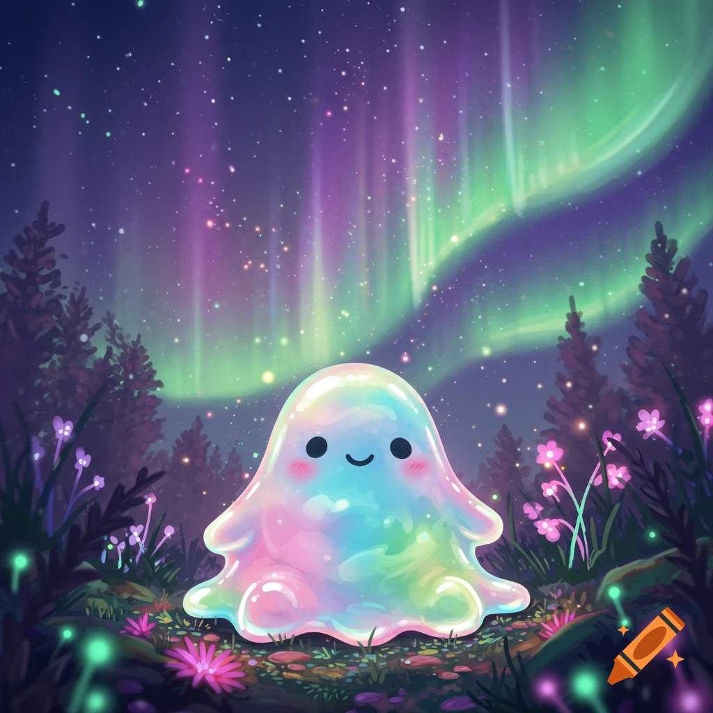 A cute, glowing, rainbow blob creature in a magical forest under a vibrant aurora borealis.
