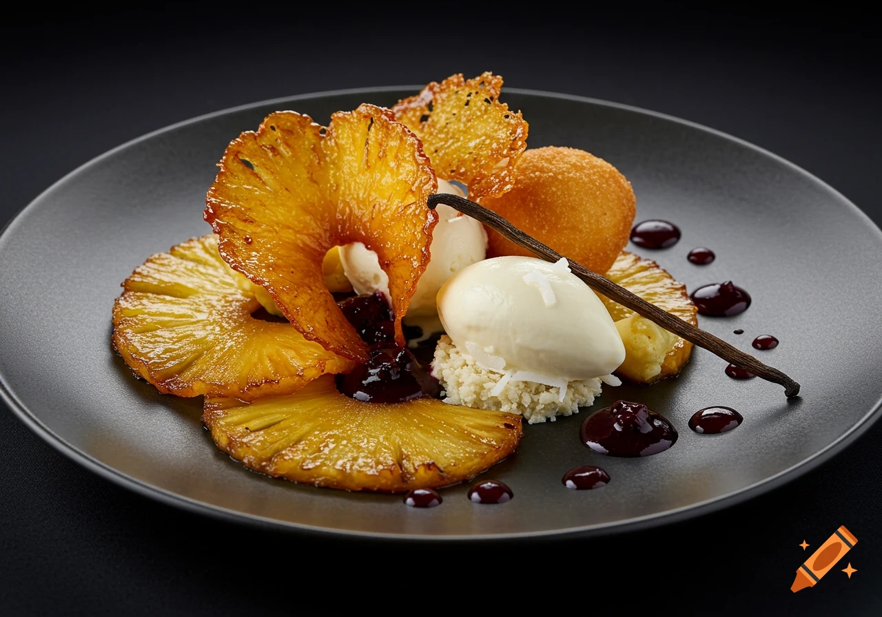A gourmet dessert on a black plate with caramelized pineapple slices, scoops of ice cream, a fried pastry, a vanilla bean, and berry coulis.