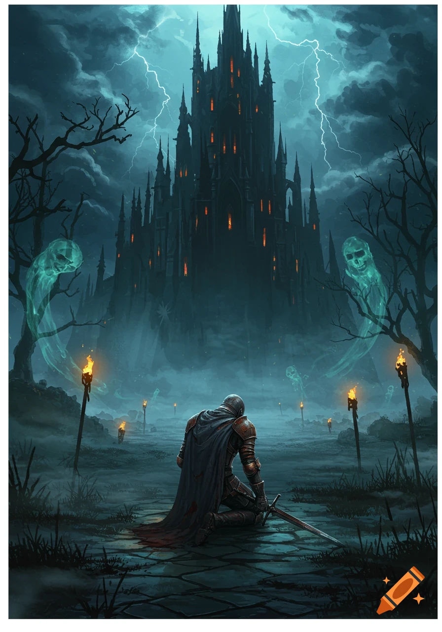 A knight kneels in defeat before a dark gothic castle under a stormy sky with lightning and green ghosts.