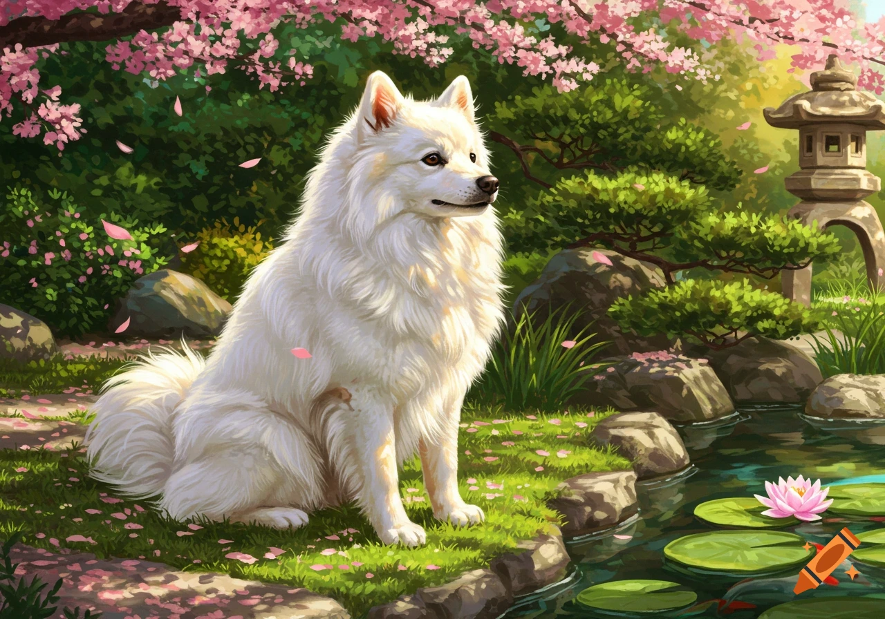 A white fluffy dog sits by a pond in a cherry blossom-filled Japanese garden with a stone lantern, illustrated.