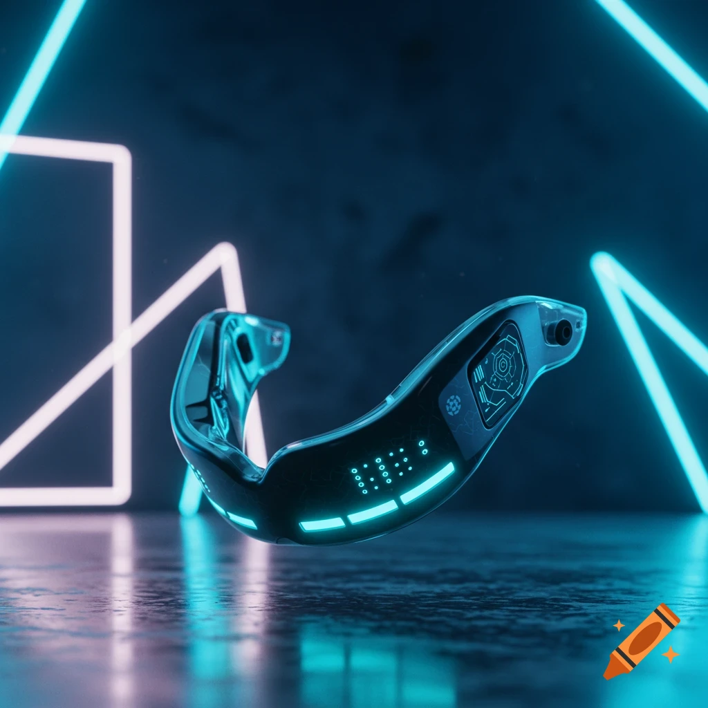 A sleek, glowing blue and black futuristic mouthguard rests on a reflective dark surface with neon light frames in the background.