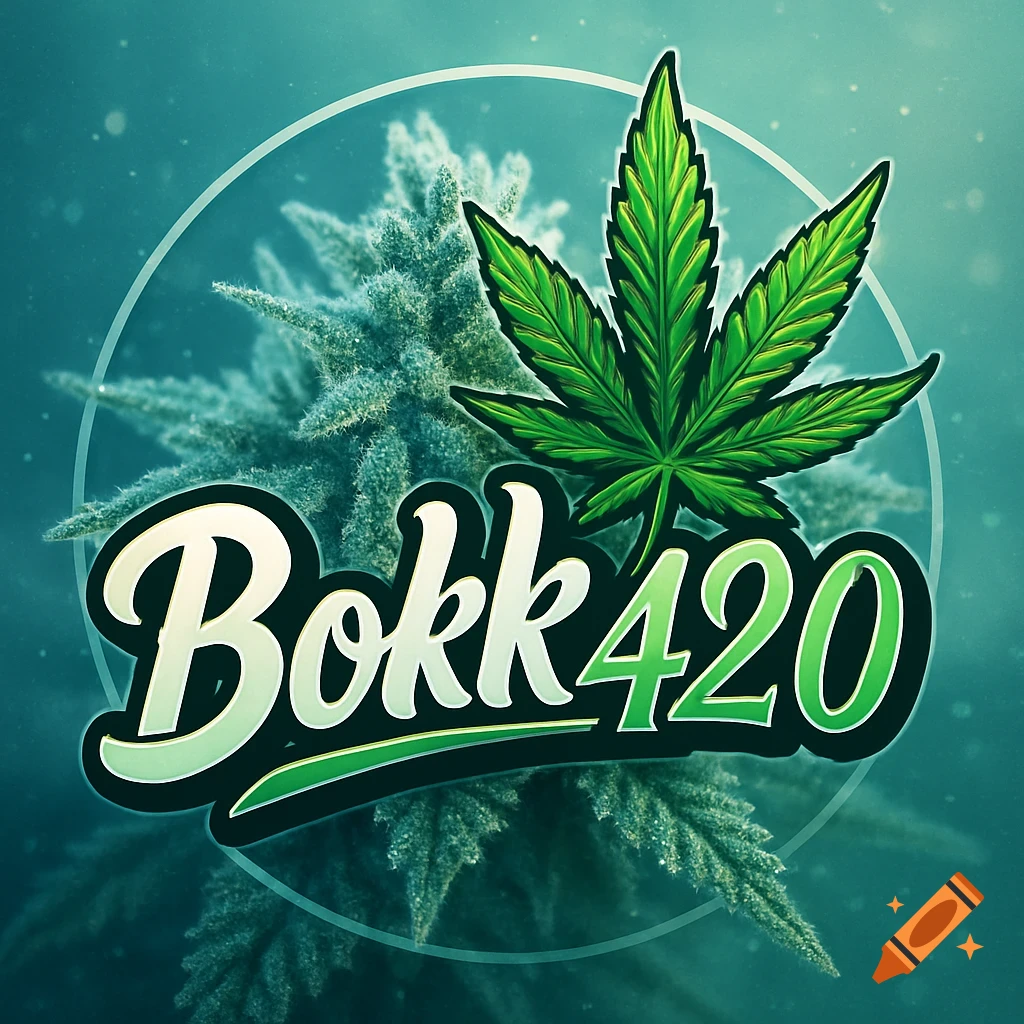 Stylized graphic of "Bokk420" text and a green pot leaf over a frosty cannabis plant background with a circular border.