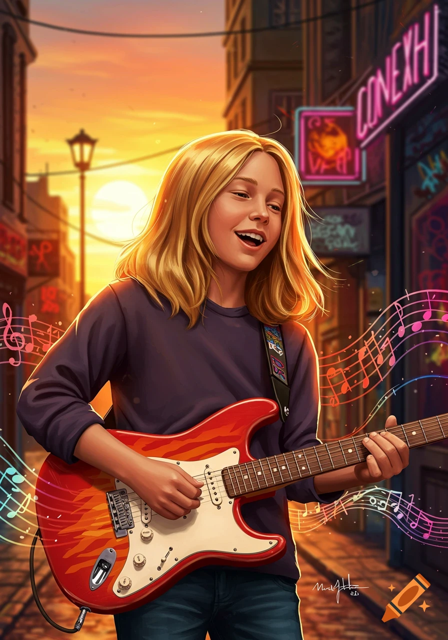 A blonde-haired boy joyfully plays a red electric guitar on a city street at sunset, with musical notes floating around him.