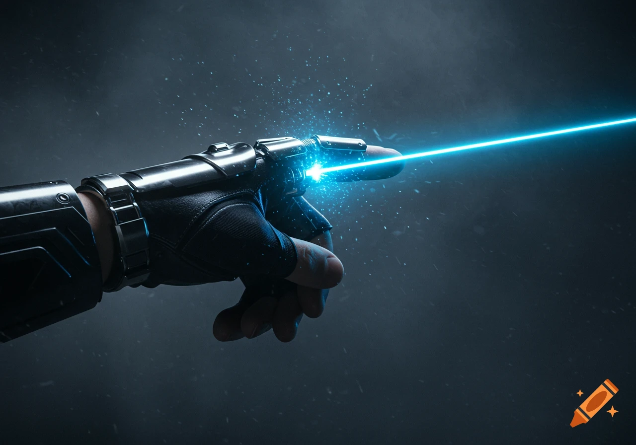 A hand in a black futuristic glove shoots a bright blue laser from its index finger against a dark, dusty background.