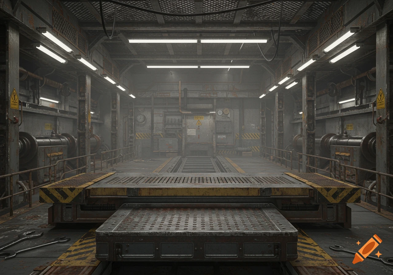 A dusty, grungy industrial interior with heavy machinery, pipes, glowing lights, and a large metal platform in the foreground. Photorealistic style.