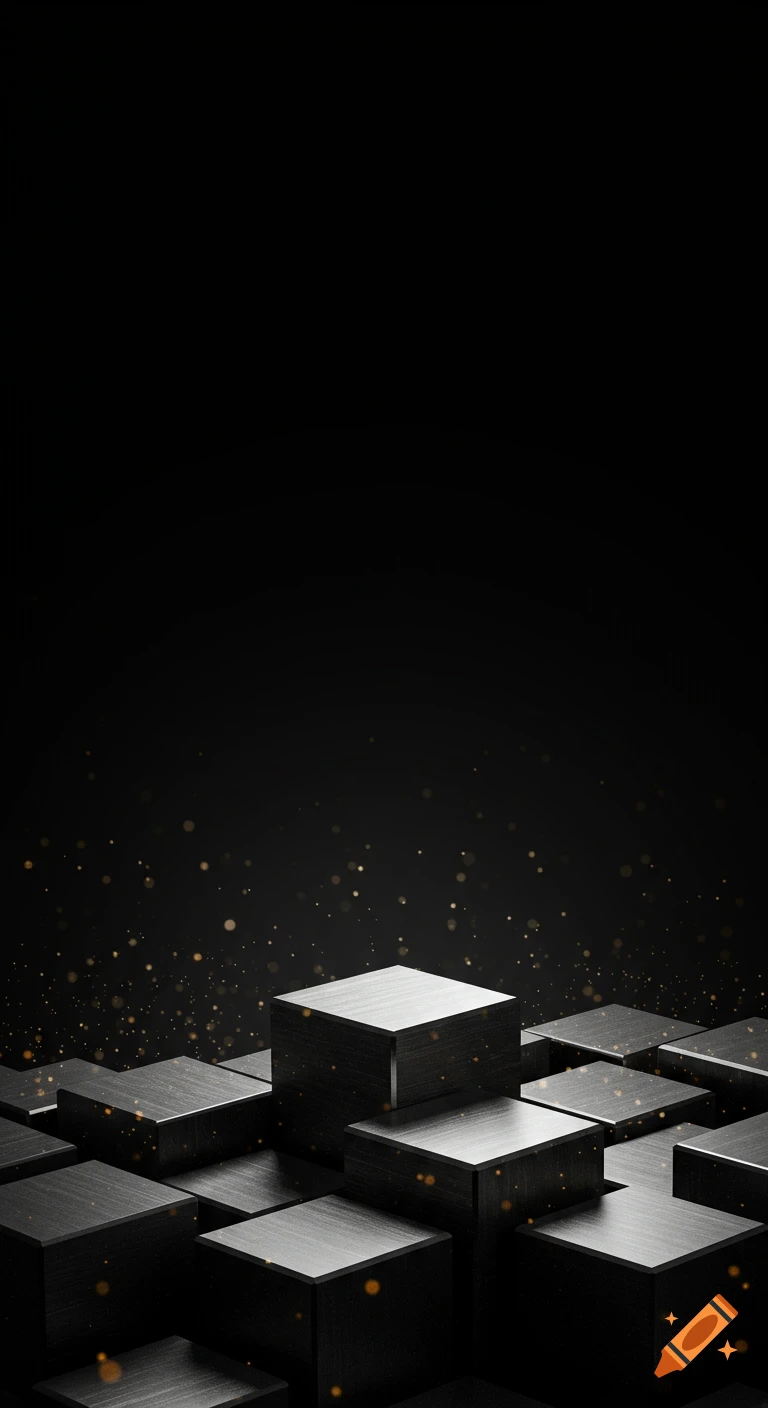 Abstract dark, metallic cubes scattered on a black background with glowing golden particles, in a minimalist and futuristic style.