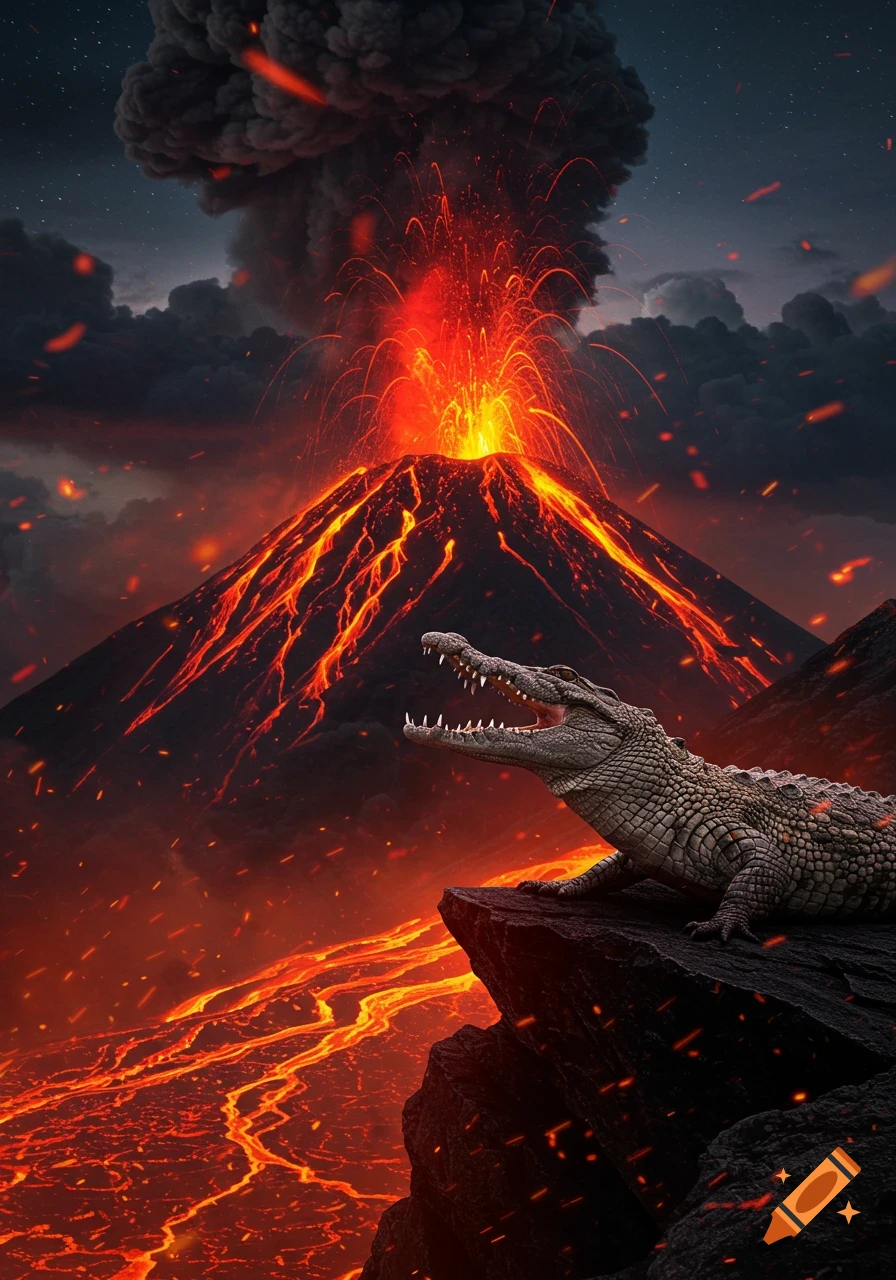 A crocodile on a rocky ledge watches a fiery volcanic eruption with lava flowing down the sides and ash clouds.