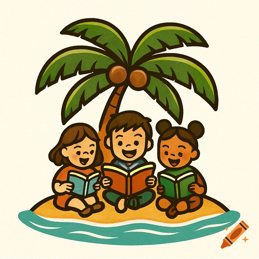 Cartoon illustration of three smiling children reading books under a palm tree on a small island.