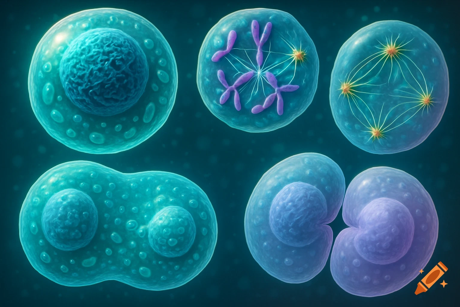 Microscopic view of animal cells in various stages of mitosis, showing chromosomes and spindle fibers, in shades of blue and purple.