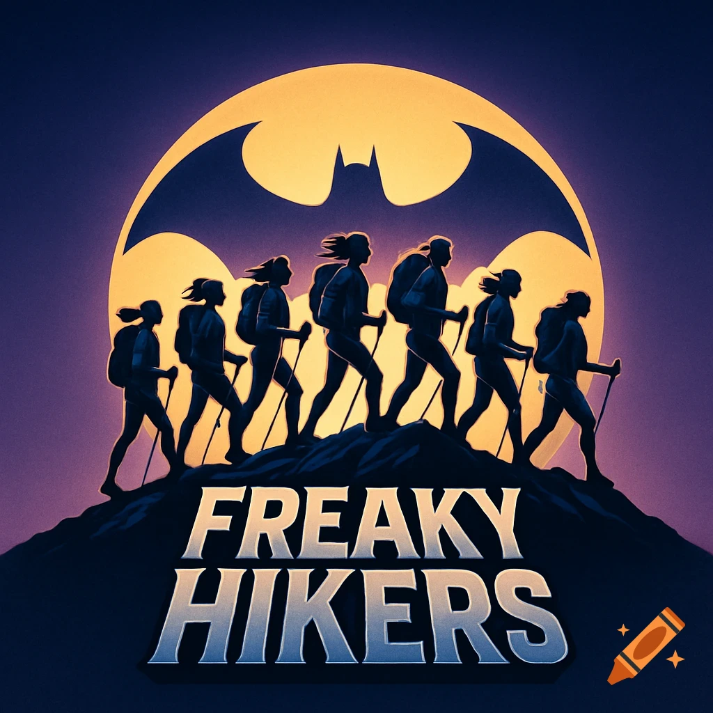 Silhouettes of seven hikers climbing a mountain under a yellow bat signal moon with 'FREAKY HIKERS' text.