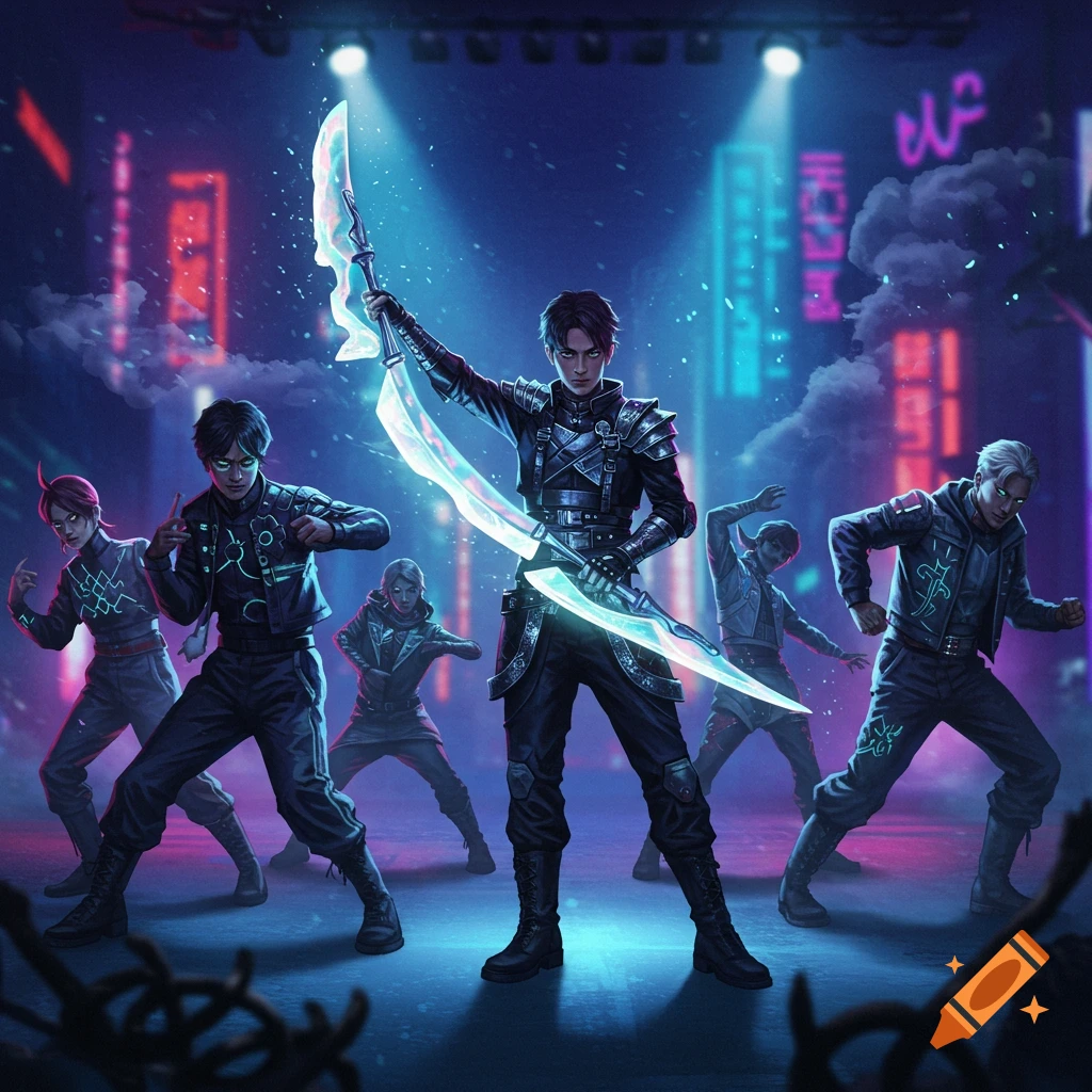 A group of K-pop inspired demon hunters in a neon-lit cyberpunk city, one holds a glowing double-bladed sword.