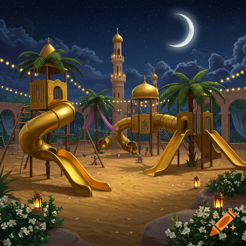 An Arabian-themed playground with golden slides and structures under a crescent moon and starry night sky.