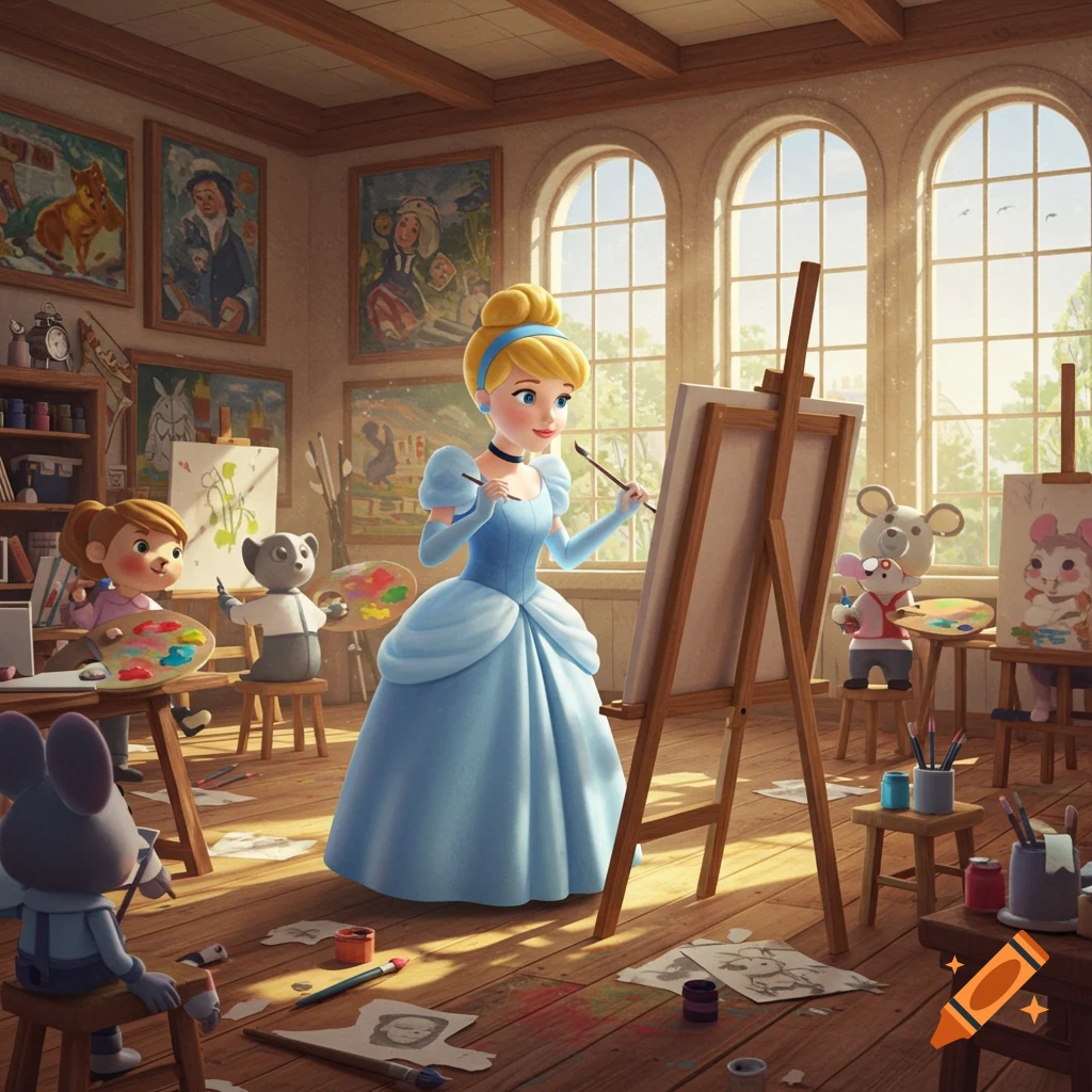 Cinderella, a small girl, and anthropomorphic mice paint in a bright, sunny art studio. Cartoon 3D illustration.