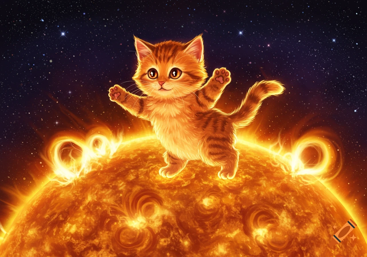 A cute, fluffy orange tabby kitten stands playfully on the sun, surrounded by solar flares and a starry cosmic background. Illustrative style.