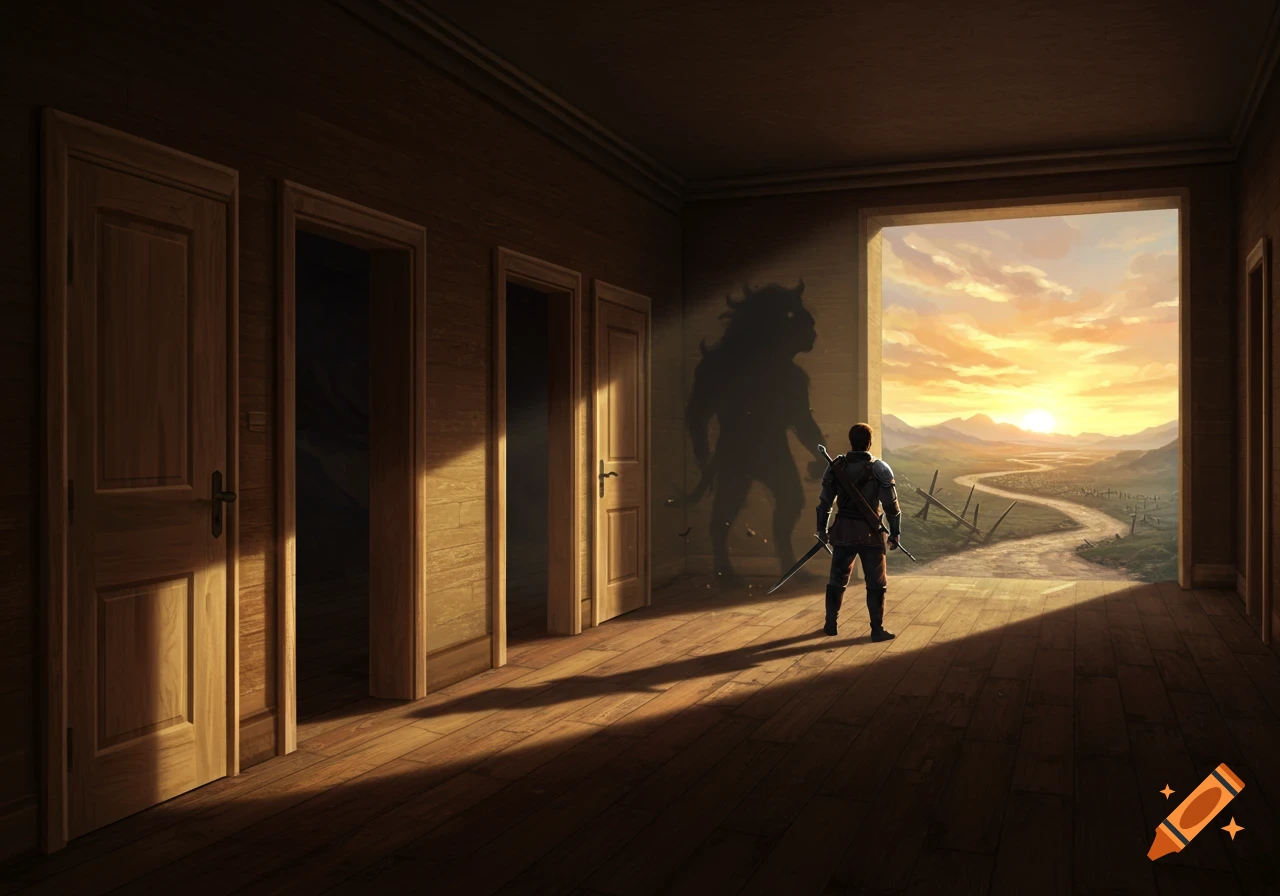 A knight in a dark room with doors looks out an archway to a sunlit landscape with a road. A horned monster's shadow is on the wall.