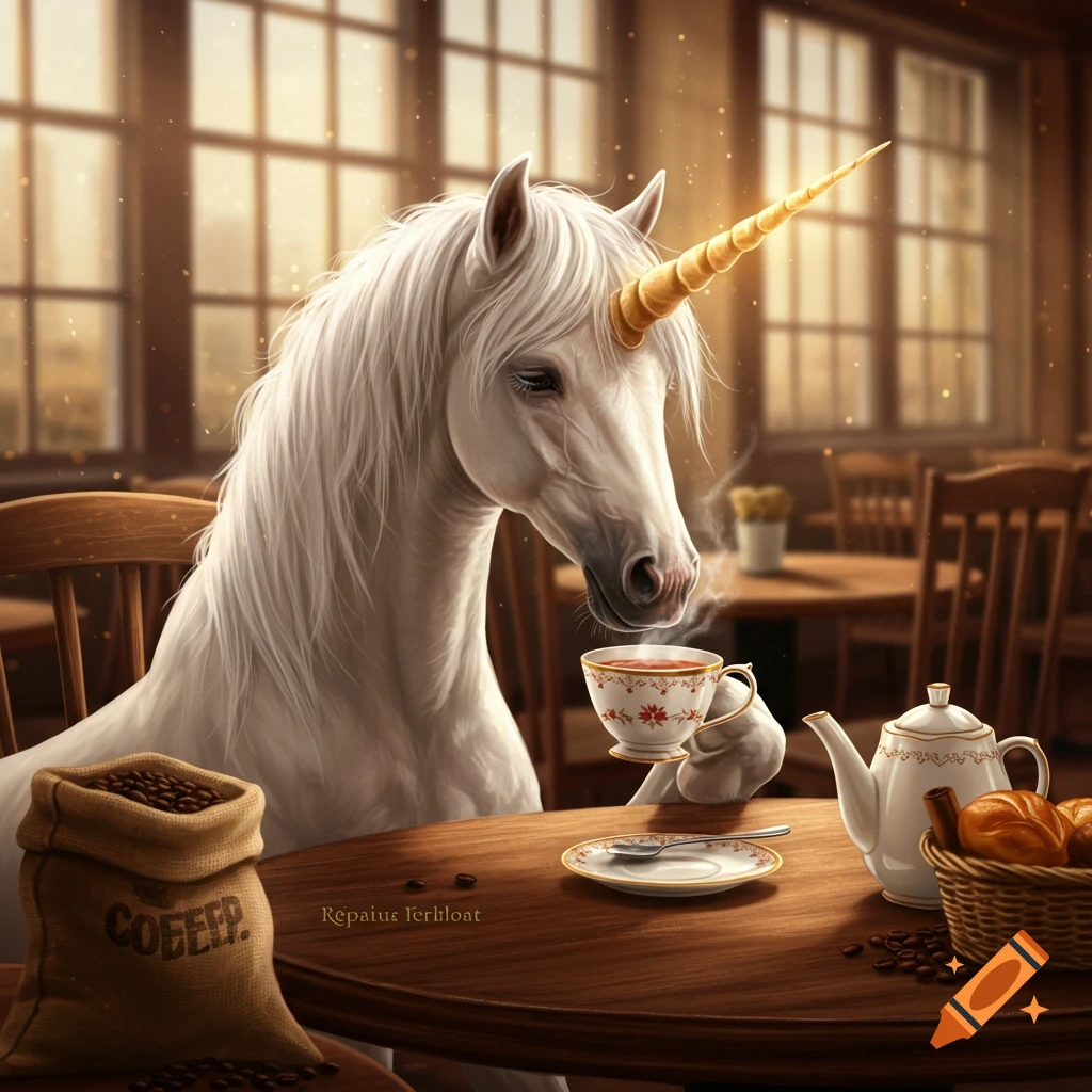 A white unicorn with a golden horn sips hot tea in a warm, vintage cafe with coffee beans and bread on the table.