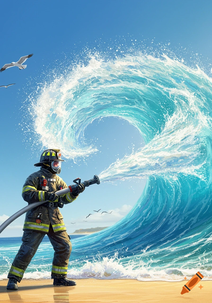 A firefighter in full gear sprays water at a gigantic ocean wave on a sandy beach under a clear blue sky.