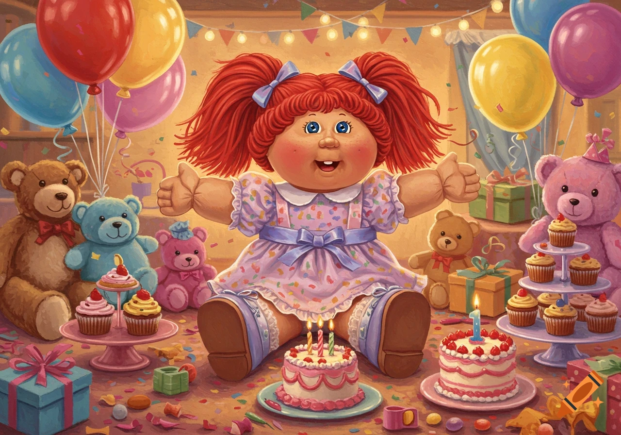 A vibrant illustration of a red-haired Cabbage Patch Kids doll celebrating a birthday party with teddy bears, balloons, cakes, and gifts.