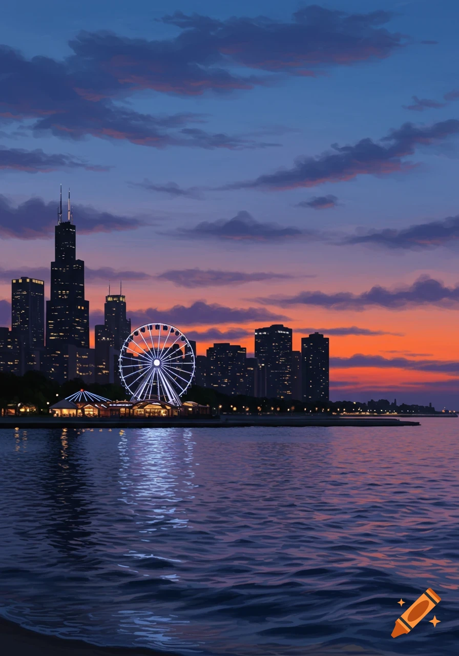 Painterly view of Chicago skyline and Navy Pier's illuminated Ferris wheel at dusk, reflected in Lake Michigan.