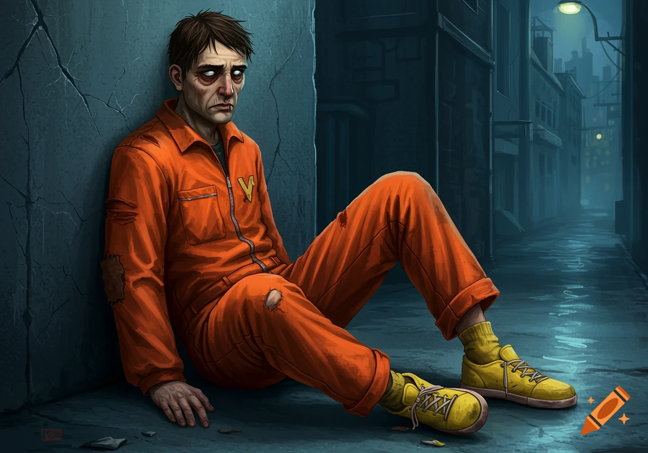 A distressed man in an orange jumpsuit with dark eye circles and white eyes sits against a cracked wall in a dark, wet alley at night. Digital art.
