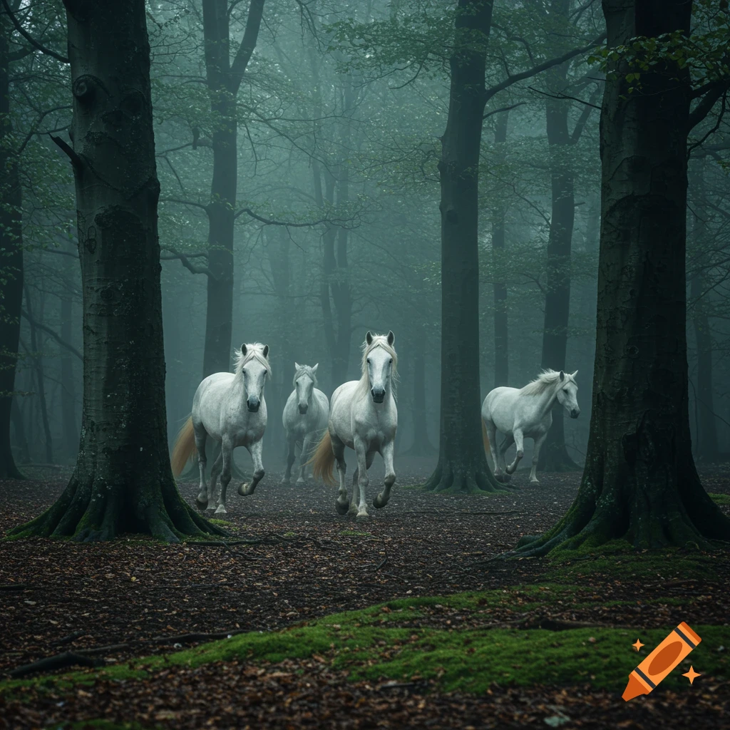 White horses run through a misty, dark forest with tall trees and mossy ground.