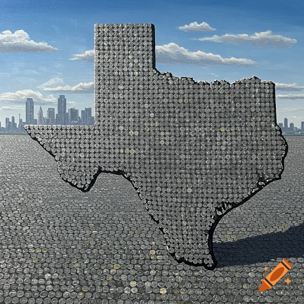 Photorealistic image of the state of Texas outline, composed entirely of quarters, standing on a ground of coins with a city skyline in the background under a cloudy blue sky.