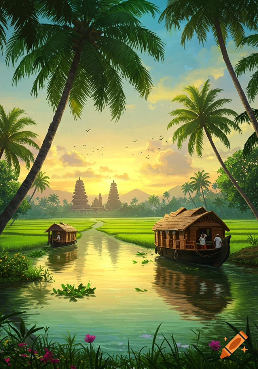 Vibrant illustration of houseboats on a river with palm trees, green rice paddies, and distant traditional temples at sunset.