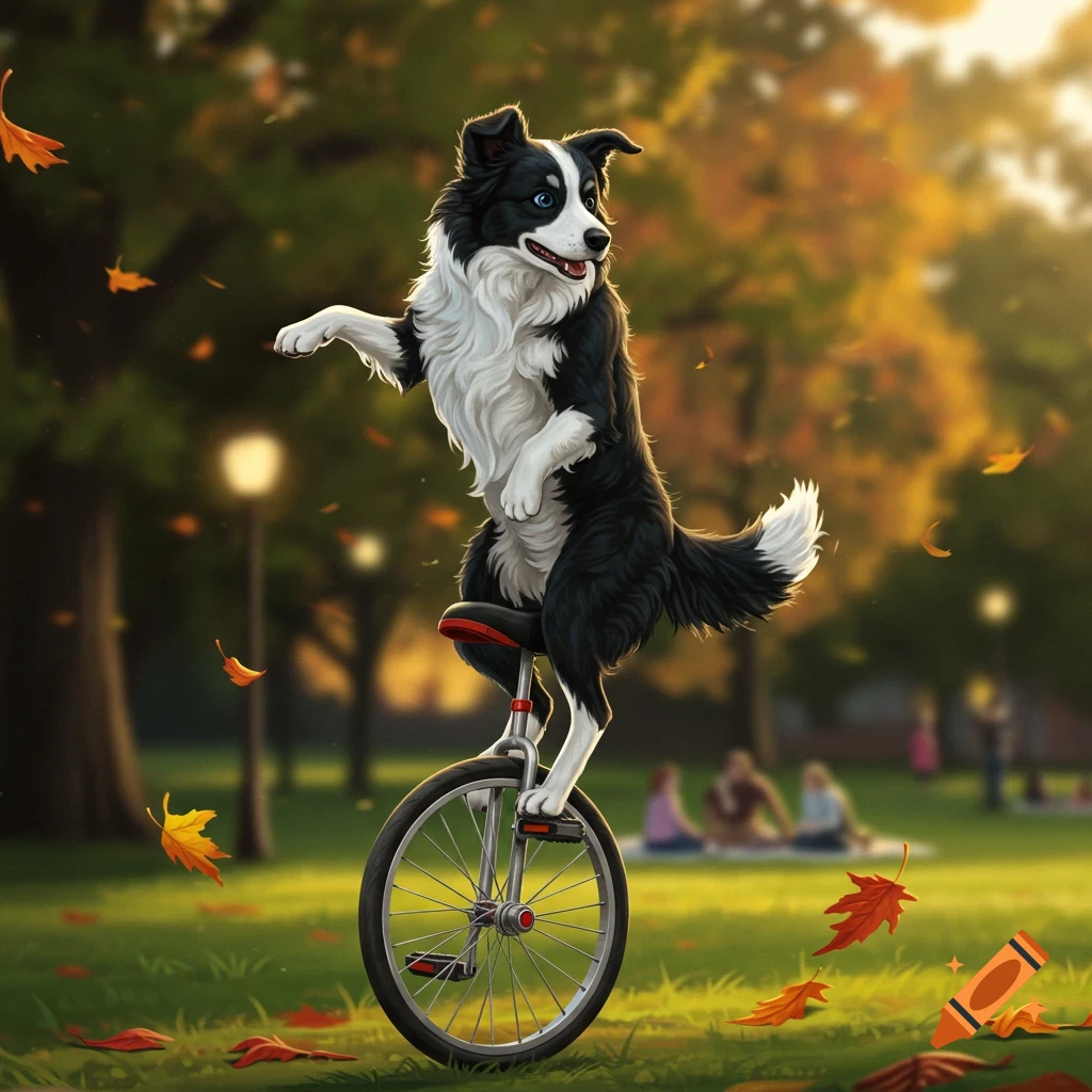 An illustration of a black and white Border Collie dog balancing on a unicycle in an autumn park with falling leaves.