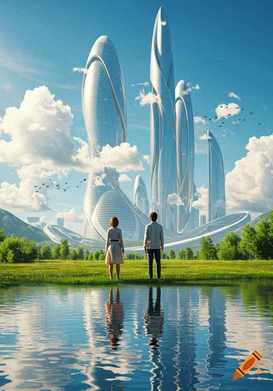 Two people stand by a lake, looking at a futuristic city with tall, sleek buildings under a blue sky.