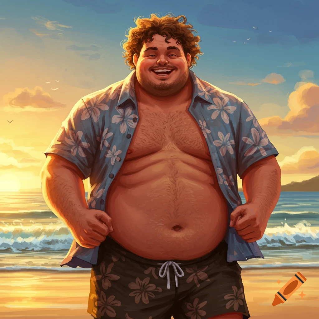 A cheerful, heavy-set man with curly hair and an open Hawaiian shirt stands on a beach at sunset, smiling widely.