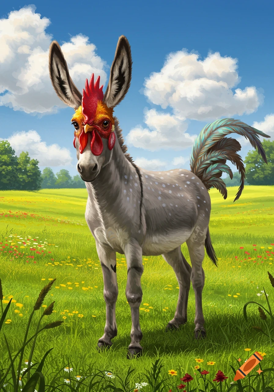 A fantastical donkey with a rooster's head and tail stands in a vibrant green meadow under a blue sky.