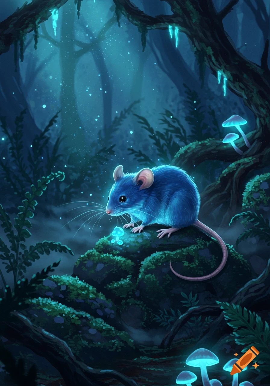 A vibrant blue mouse stands on moss in a glowing magical forest, surrounded by bioluminescent plants and mushrooms.