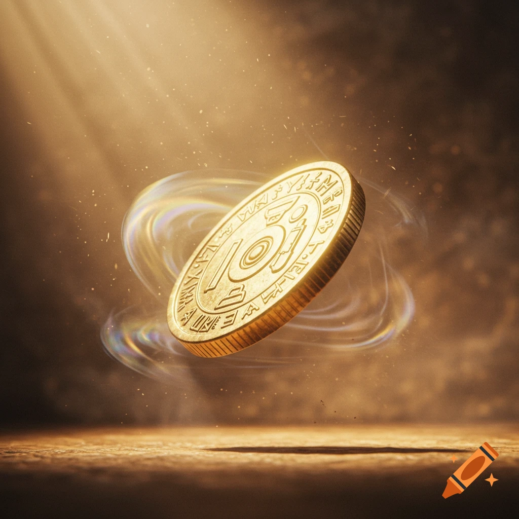 A golden coin with intricate symbols floats in a beam of light, surrounded by swirling energy.